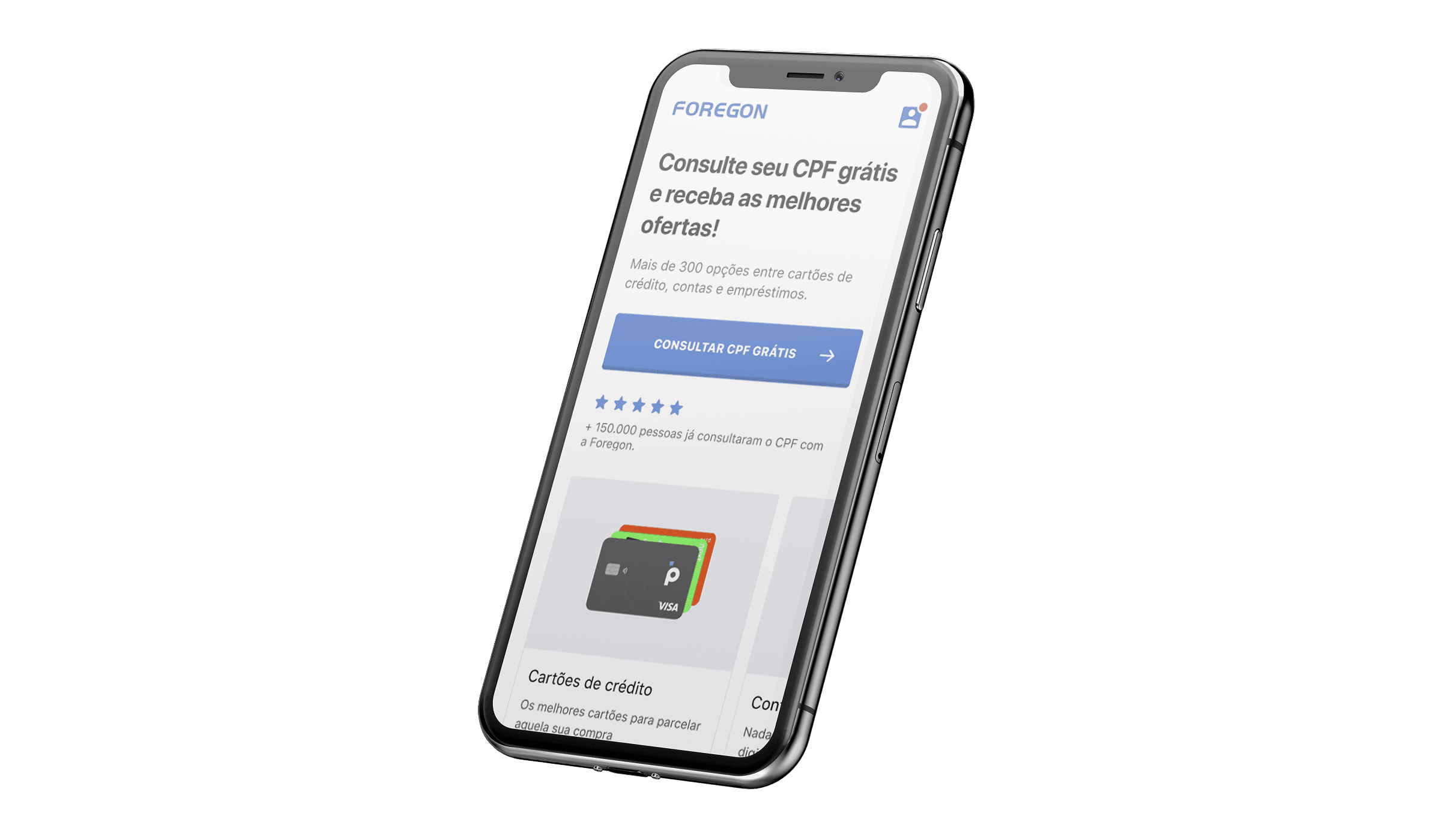 Home antiga da Foregon em uma tela mobile, priorizando consulta de CPF e ofertas antes de explicar a plataforma.
