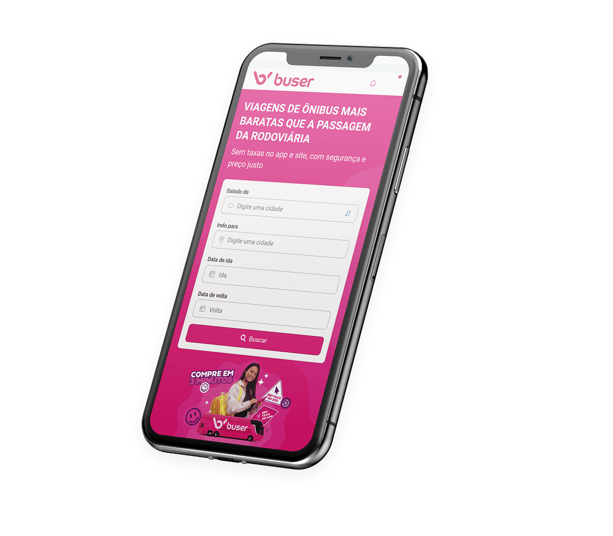 Tela mobile da Buser com proposta de valor clara, formulário de busca e chamada para ação.