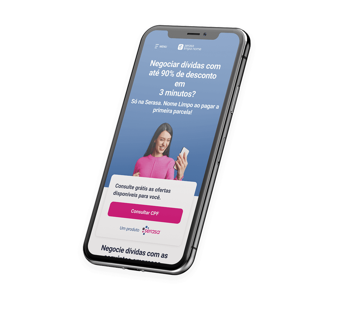 Tela mobile da Serasa com proposta de negociação de dívidas e acesso direto à ação.