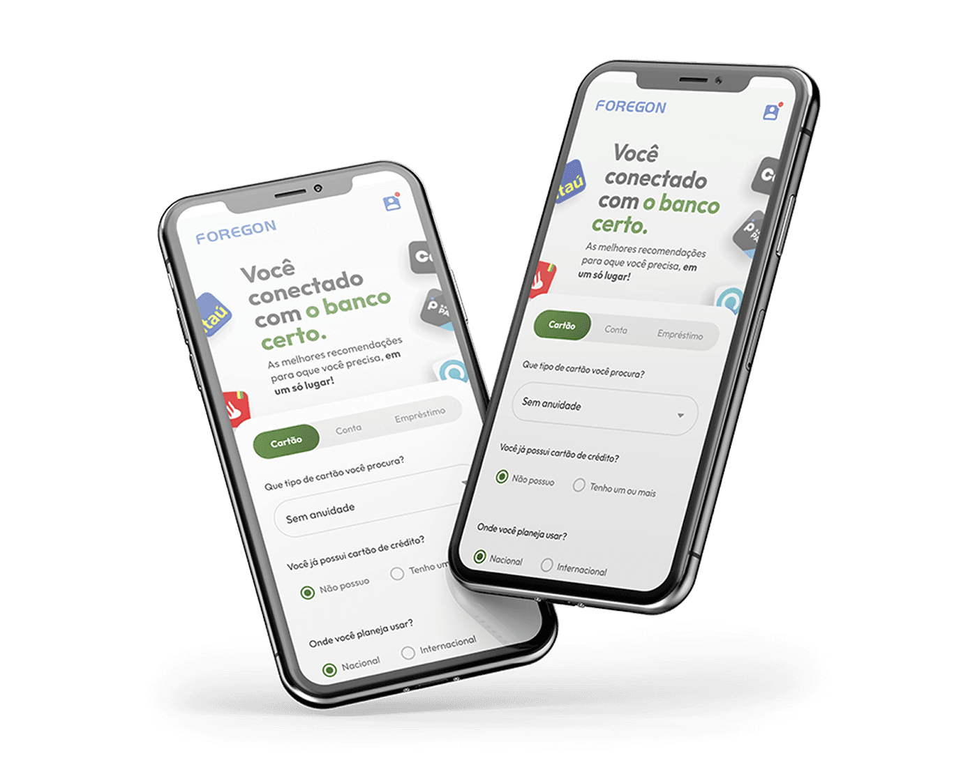 Duas telas mobile com filtro interativo para cartão, conta e empréstimo.