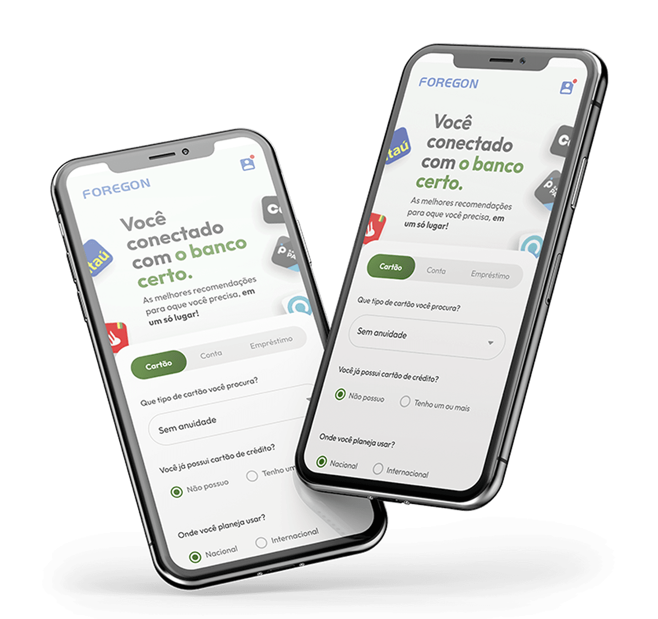 Duas telas mobile da nova Home Externa da Foregon com filtro por cartão, conta e empréstimo.