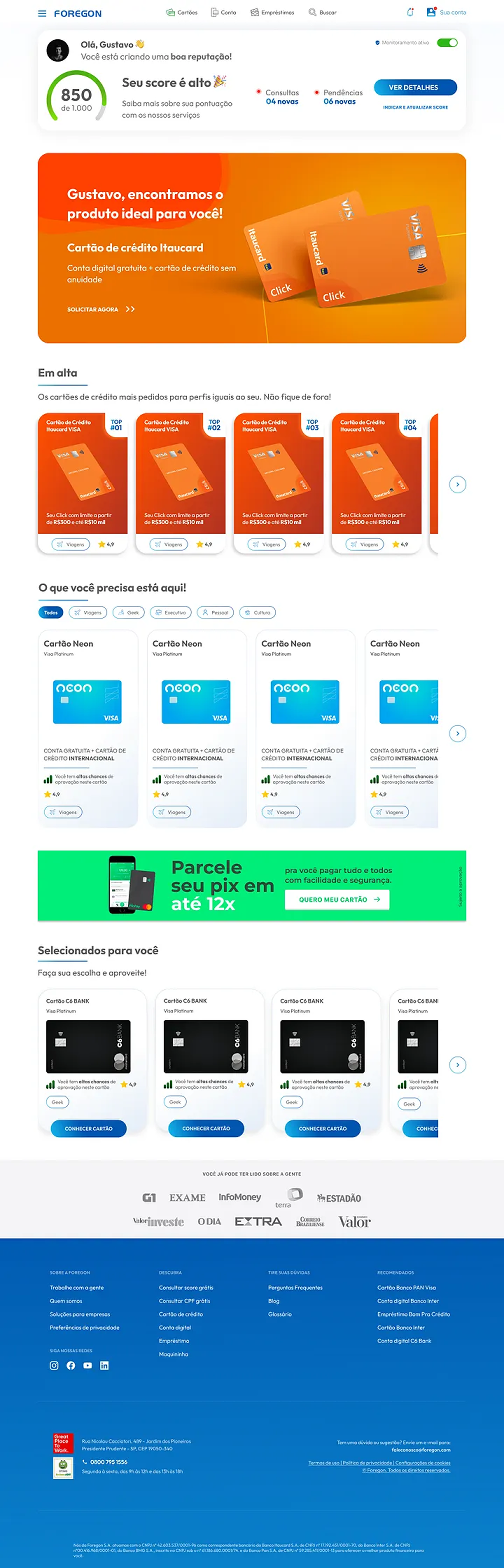 Página desktop completa da nova Minha Conta com score, recomendações, produtos em alta, categorias e rodapé.