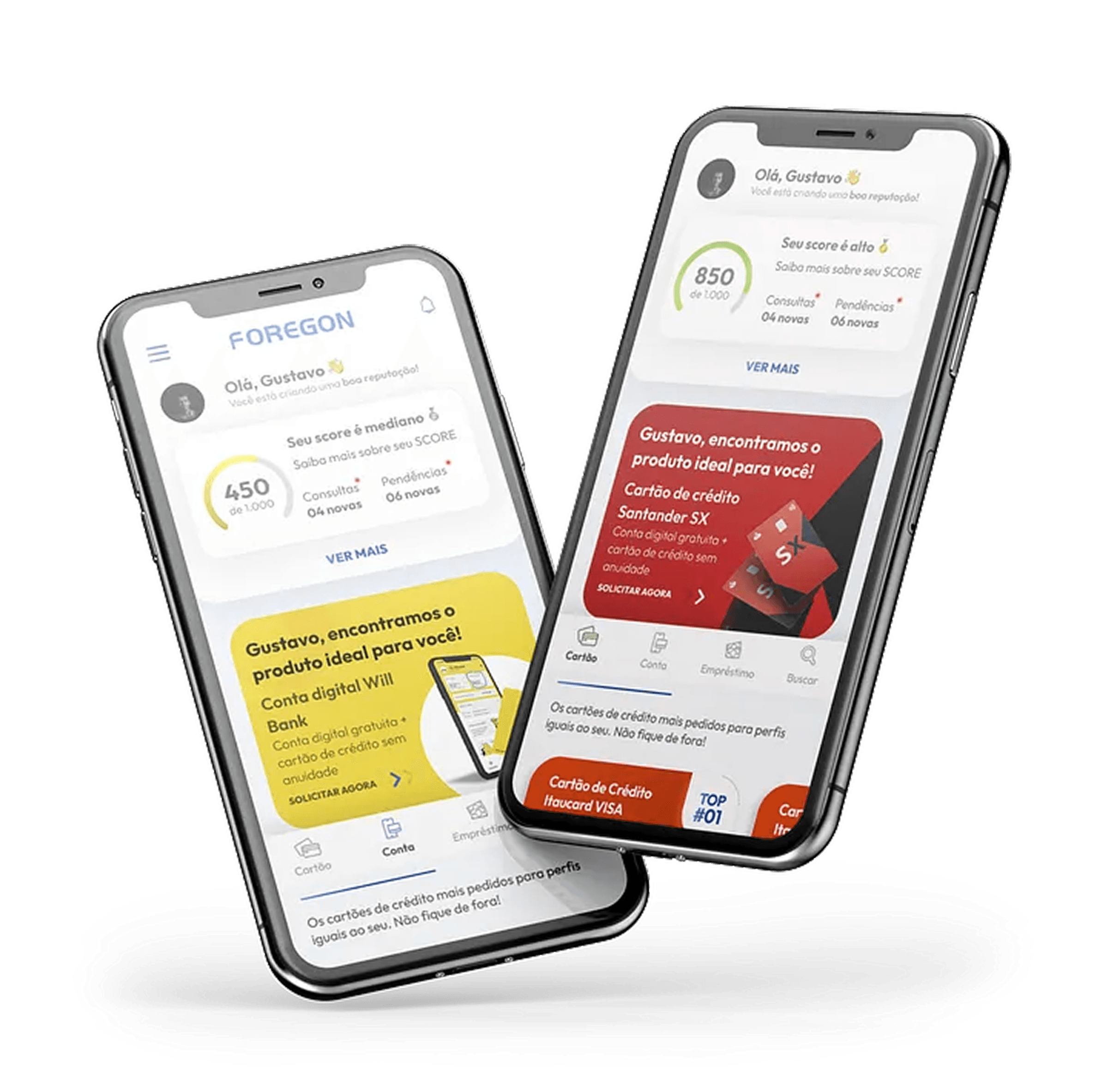 Duas telas mobile comparando recomendações principais para perfis financeiros distintos na primeira dobra.