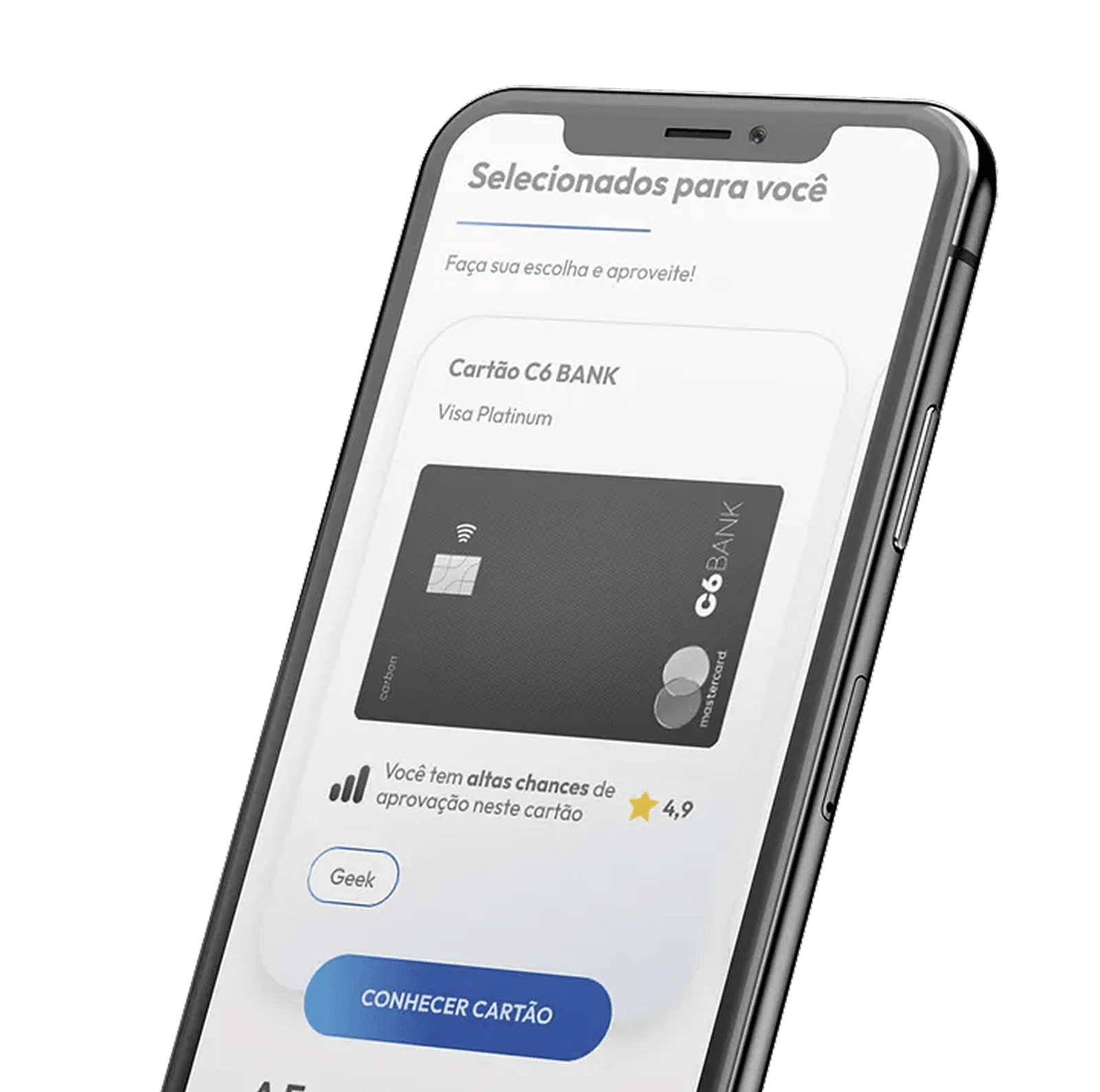 Tela mobile da seção Selecionados para você com cartão recomendado, chance de aprovação e botão de ação.