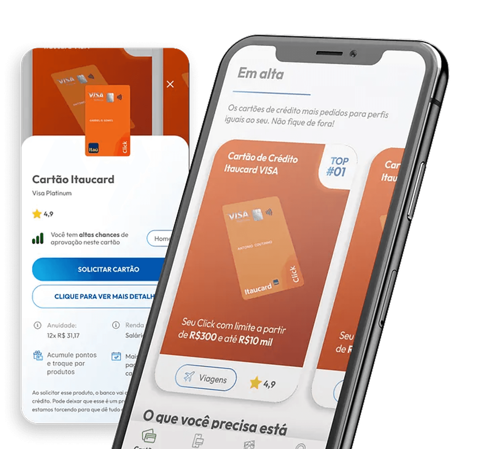 Composição de telas mostrando cartões de crédito em alta e detalhes de um produto recomendado.