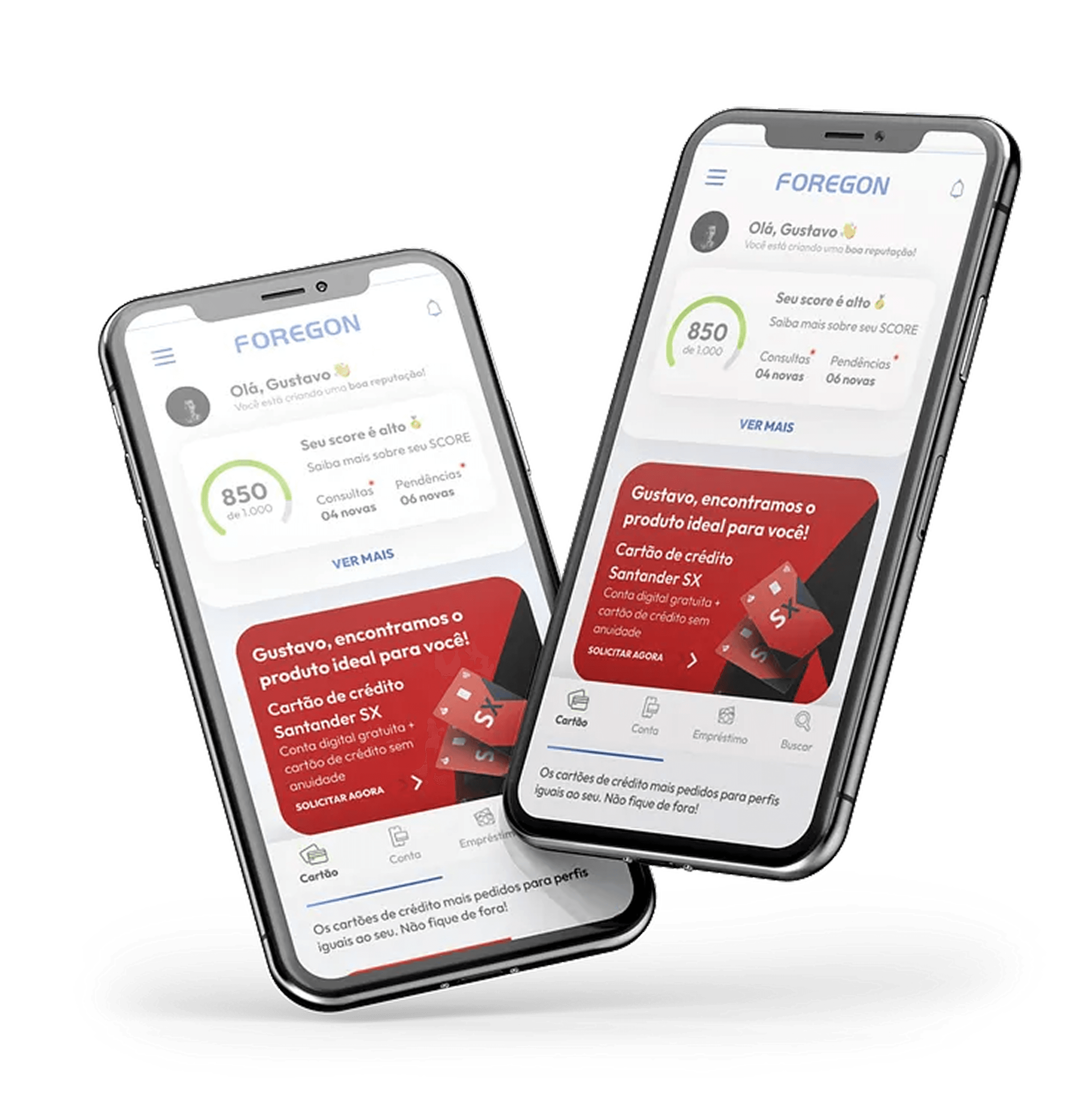 Duas telas mobile mostrando a navegação por verticais da Foregon e recomendações de cartões.