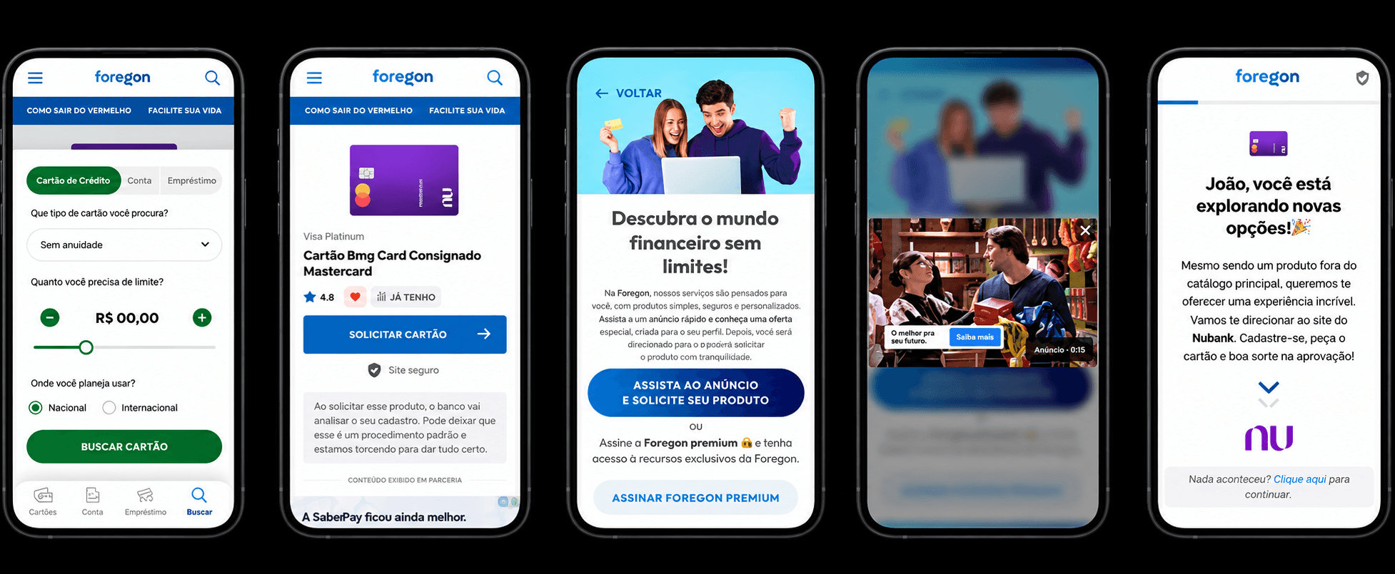 Sequência de cinco telas mobile mostrando a busca de produto, uma etapa de monetização e o redirecionamento para parceiro externo.